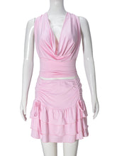 Deep Neck Back Tie Up Crop Top And Frill Mini Skirt Set